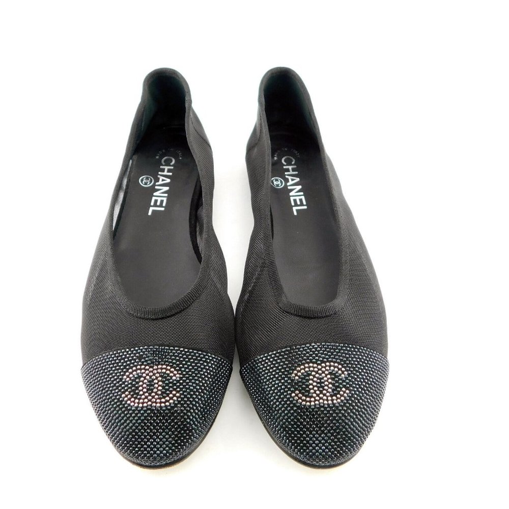 CHANEL Black Crystal CC Logo Cap Toe Mesh Suede Ballet Flats 37.5